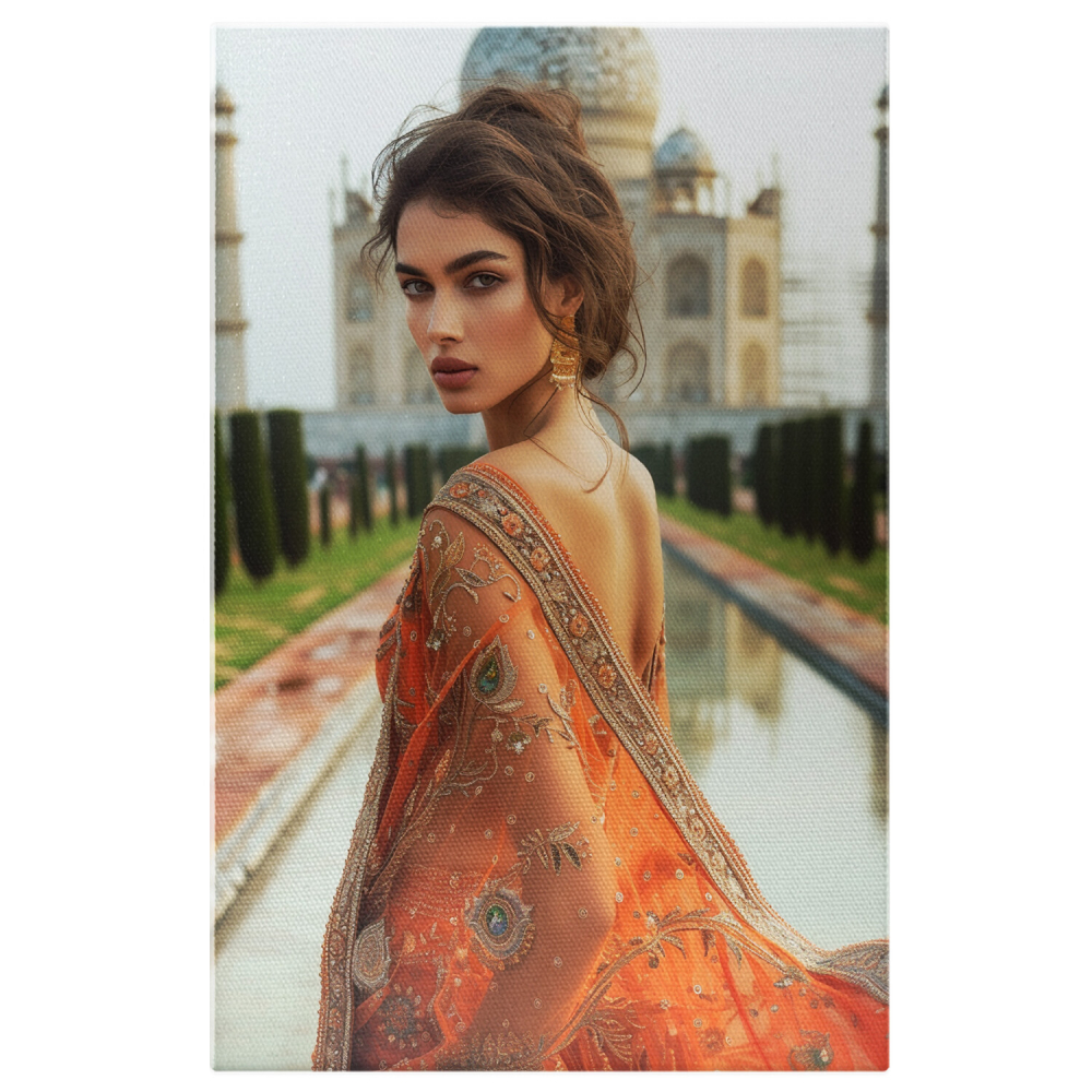 Femeie Indiană în Costum Portocaliu cu Cercei Mari și Chip Fermecător - Pictură Digitală, Marime 40x25CM [1]