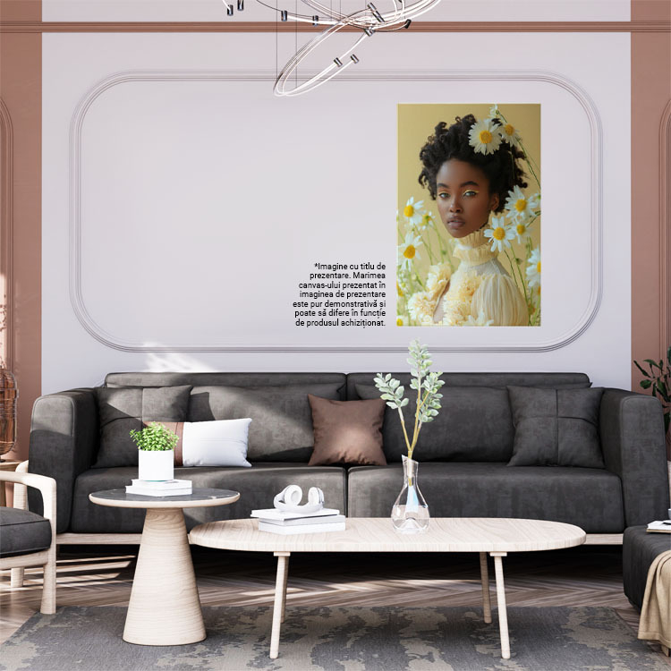 Tablou Canvas Înflorirea Gratiei Femeia de Culoare Înconjurată de Flori Delicate Albe , Pictura Digitala 40x25CM [2]