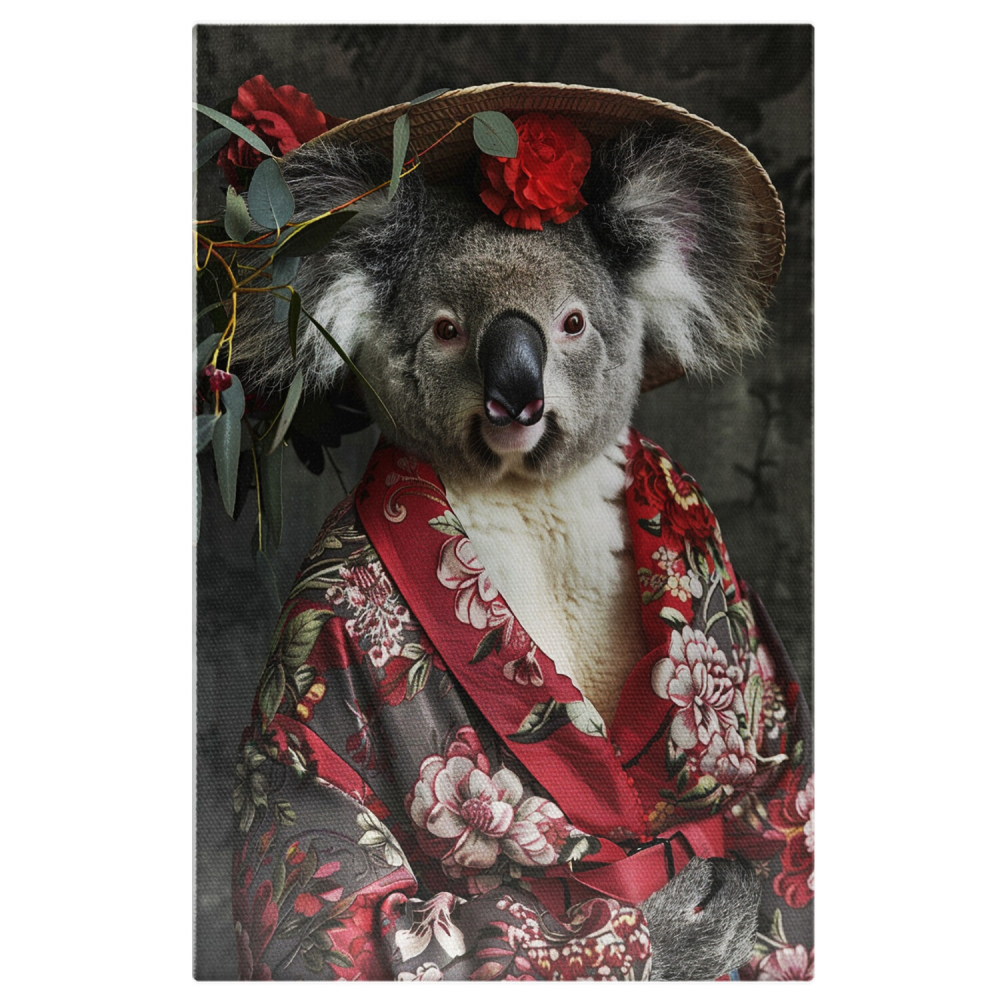 Tablou Canvas Koala în Kimono Bordo Floral - Artă cu Influențe Asiatice, Marime 40x25CM [1]