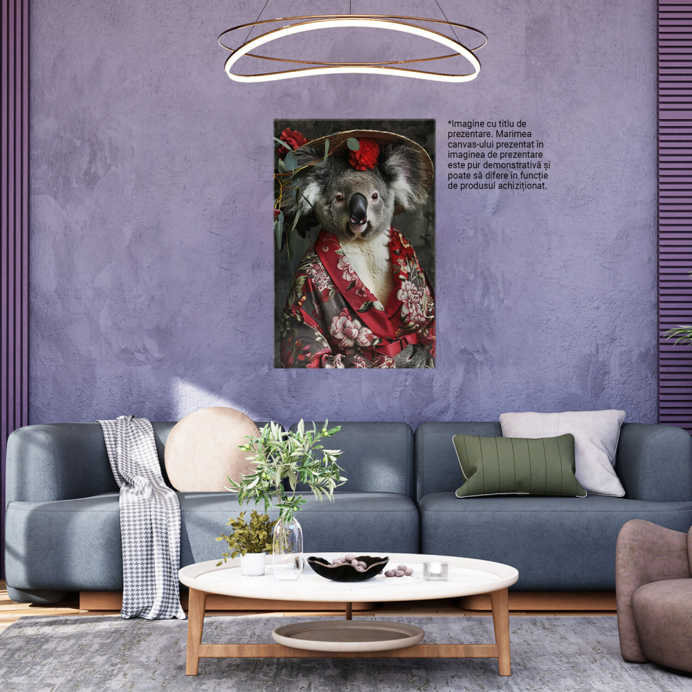 Tablou Canvas Koala în Kimono Bordo Floral - Artă cu Influențe Asiatice, Marime 40x25CM [3]