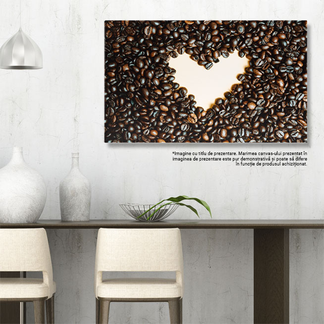 Tablou Canvas Inima Galbena Desenata in Mijlocul Multor Boabe de Cafea in  Pasarea Diminetii in arome de Cafea 40x25CM [3]