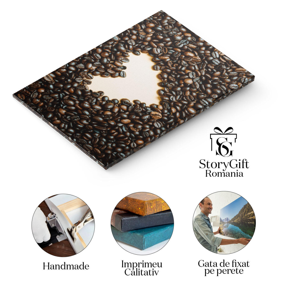 Tablou Canvas Inima Galbena Desenata in Mijlocul Multor Boabe de Cafea in  Pasarea Diminetii in arome de Cafea 40x25CM [2]