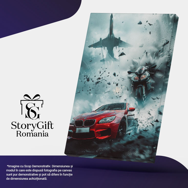 Tablou Canvas Întrecere între trei motoare puternice, mașină, motocicletă, avion- Rămășițe ce zboară de la viteză , Pictura Digitala 40x25CM [5]