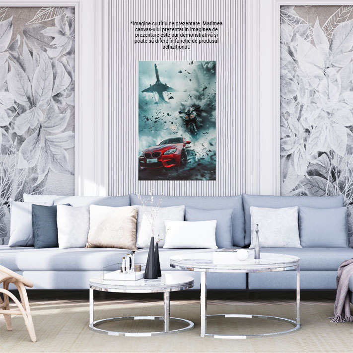 Tablou Canvas Întrecere între trei motoare puternice, mașină, motocicletă, avion- Rămășițe ce zboară de la viteză , Pictura Digitala 40x25CM [2]