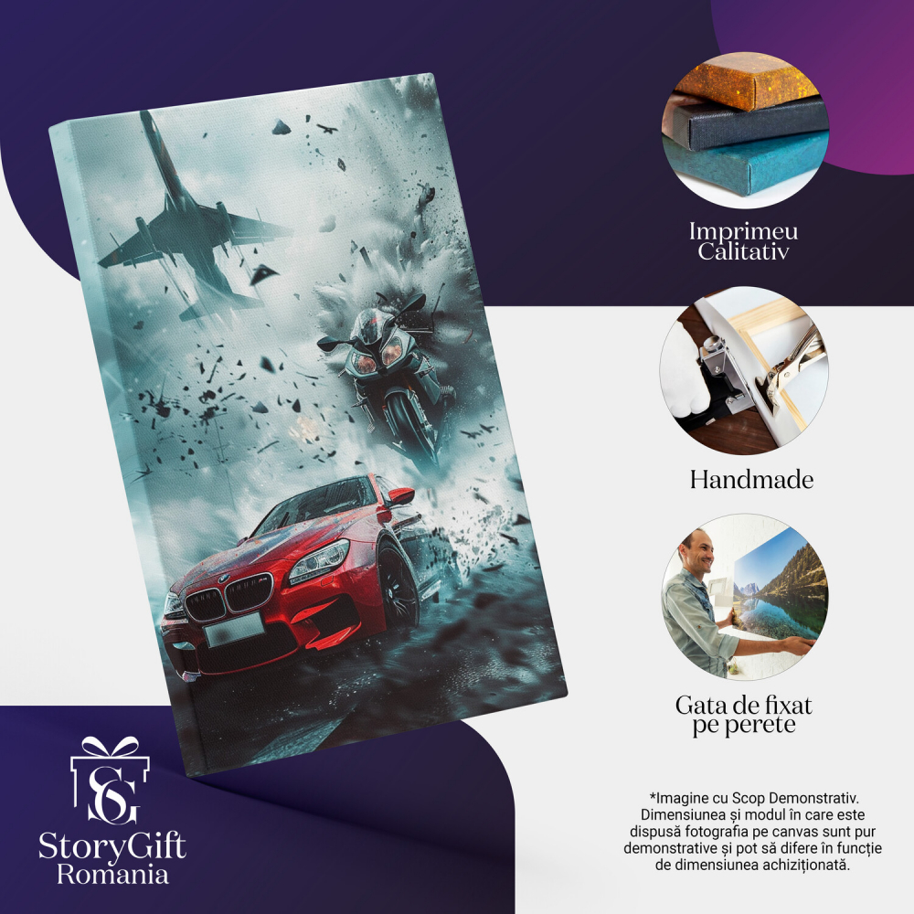 Tablou Canvas - Întrecere între Trei Motoare Puternice: Mașină, Motocicletă și Avion, Marime 40x25CM [2]