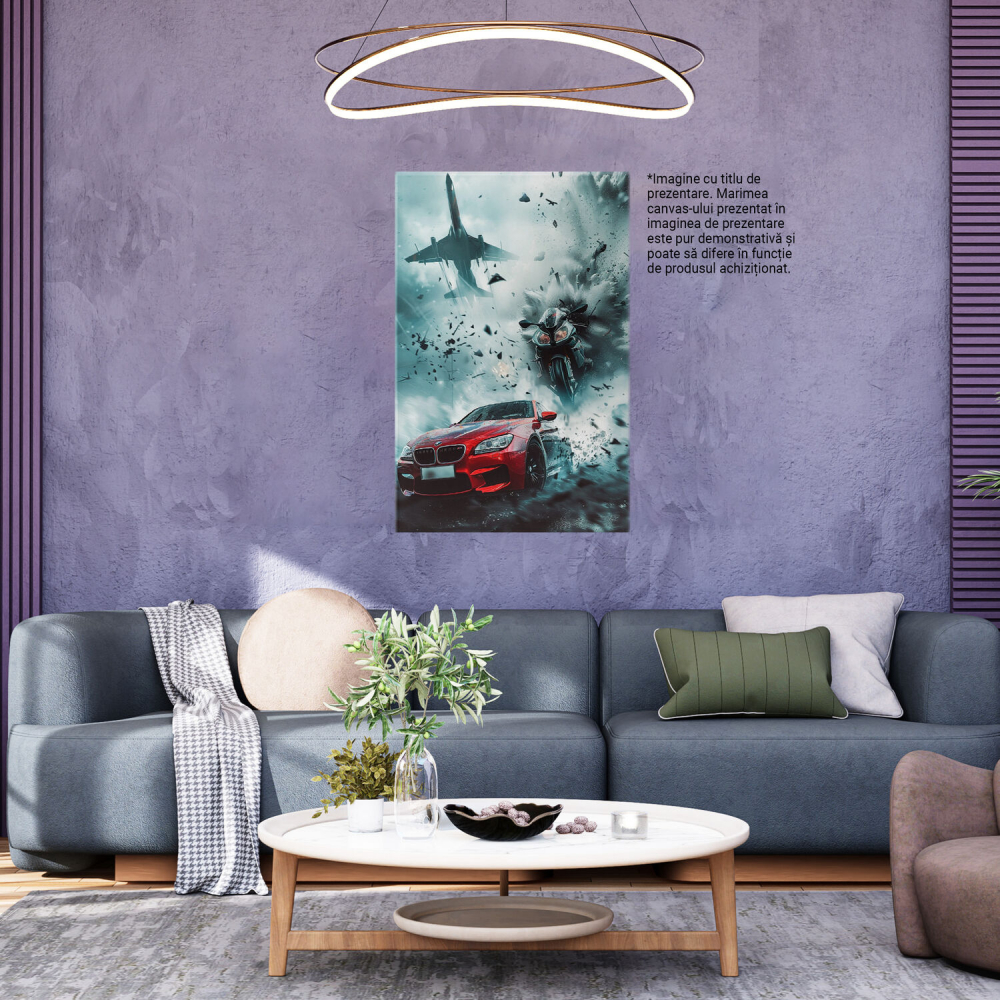 Tablou Canvas - Întrecere între Trei Motoare Puternice: Mașină, Motocicletă și Avion, Marime 40x25CM [3]