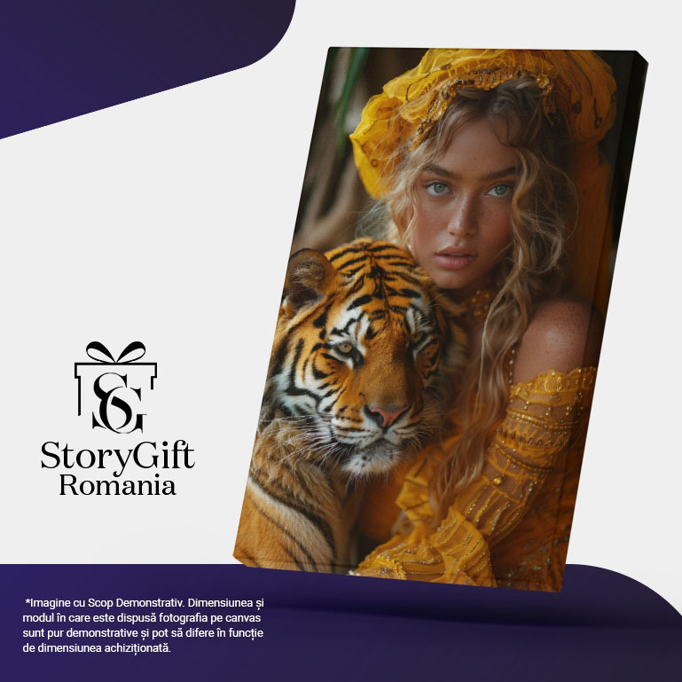 Tablou Canvas  Iubirea de Tigrii, Fata cu Esarfa Galbena si Rochie cu Perle cu Ochii Albastri tine Tigrul in Brate , Pictura Digitala 40x25CM [5]
