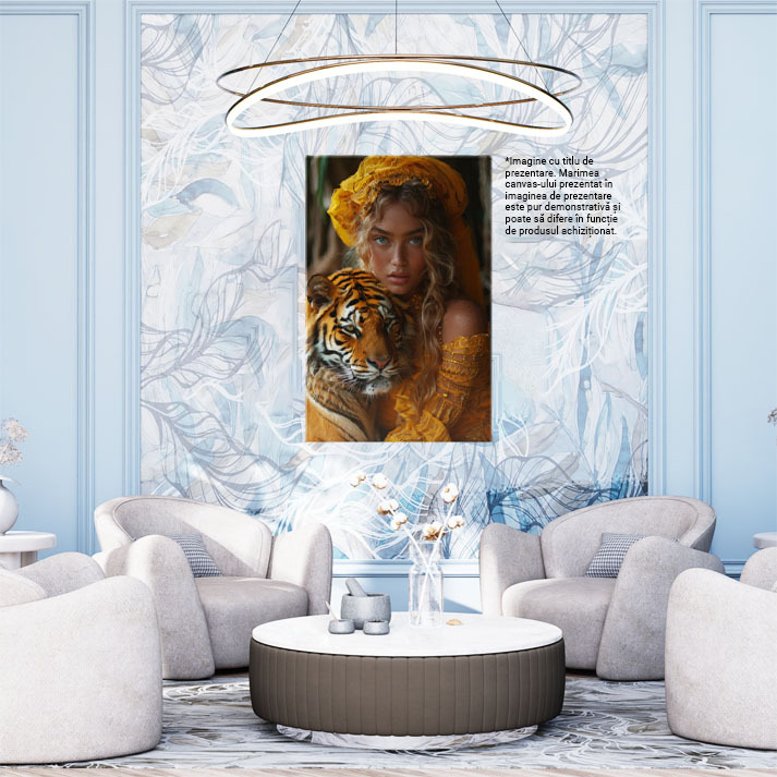 Tablou Canvas  Iubirea de Tigrii, Fata cu Esarfa Galbena si Rochie cu Perle cu Ochii Albastri tine Tigrul in Brate , Pictura Digitala 40x25CM [2]