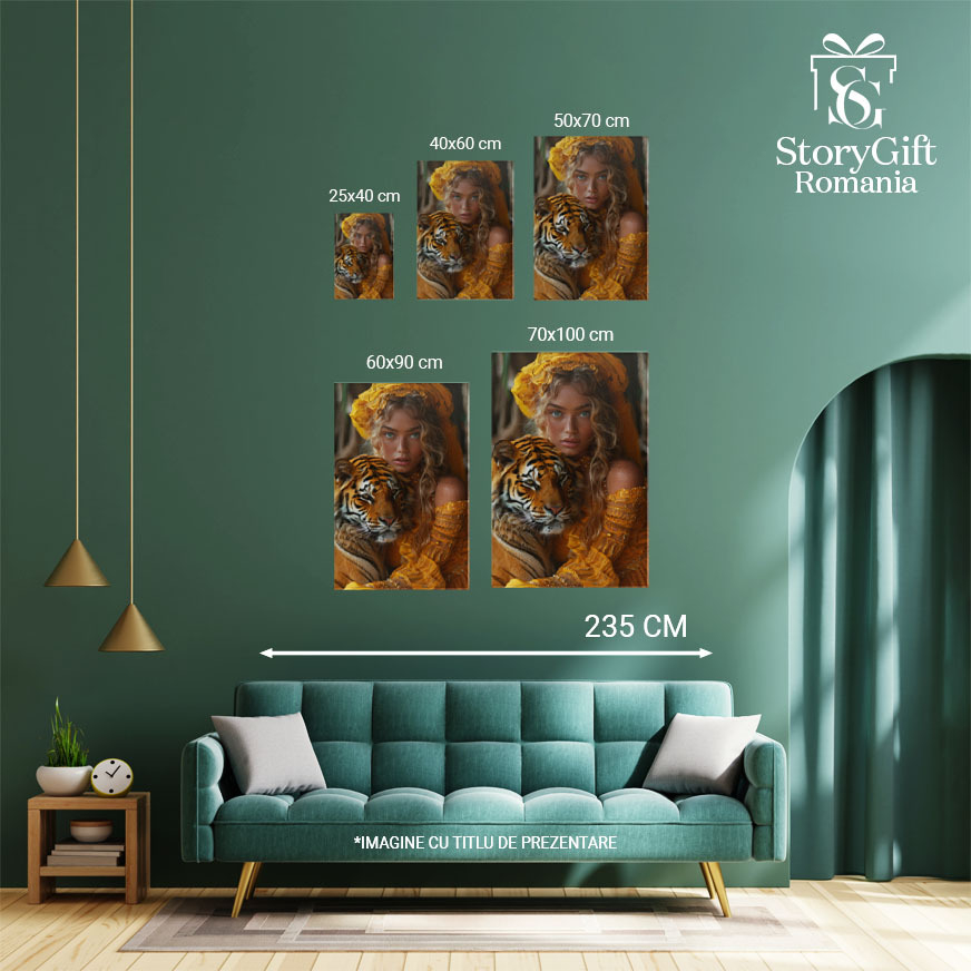 Tablou Canvas  Iubirea de Tigrii, Fata cu Esarfa Galbena si Rochie cu Perle cu Ochii Albastri tine Tigrul in Brate , Pictura Digitala 40x25CM [4]