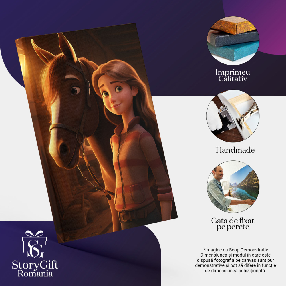 Tablou Canvas:  Iubitoare de Cai isi Ingrijeste Calutul Fericit, Fata cu Ochii Verzi si Bluza Roz Pictura Digitala 40x25CM [3]