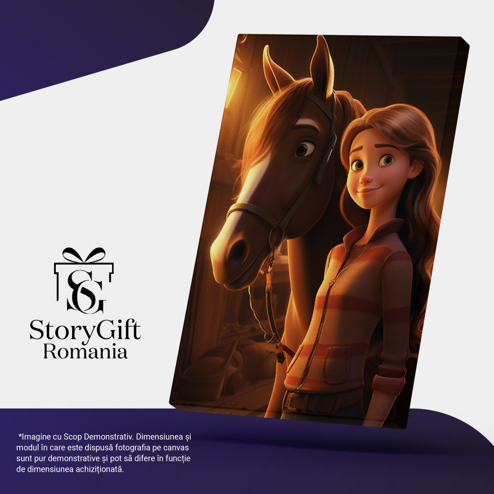 Tablou Canvas:  Iubitoare de Cai isi Ingrijeste Calutul Fericit, Fata cu Ochii Verzi si Bluza Roz Pictura Digitala 40x25CM [5]