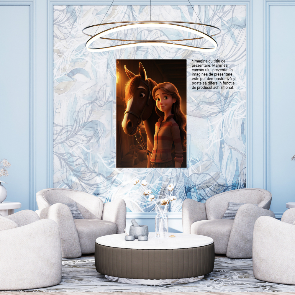 Tablou Canvas:  Iubitoare de Cai isi Ingrijeste Calutul Fericit, Fata cu Ochii Verzi si Bluza Roz Pictura Digitala 40x25CM [4]