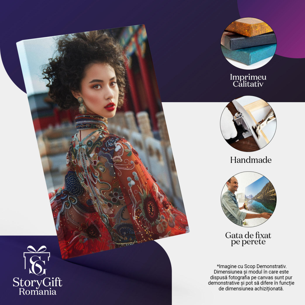 Tablou Canvas: Izul Asiatic al Clădirilor Specifice Femeia Cu Buze Roșii în Rochie cu Bijuterii Pictura Digitala 40x25CM [3]