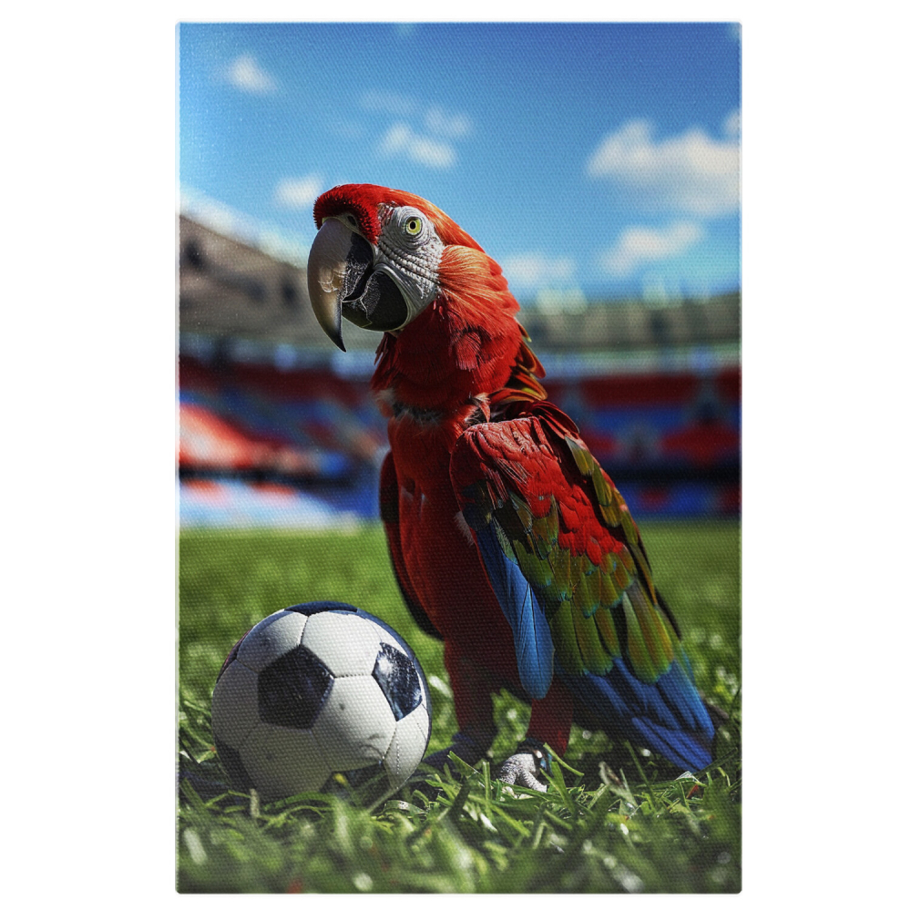 Tablou Canvas Papagal Jucând Fotbal cu Mingea Alb-Roșie | Artă Digitală, Marime 40x25CM [1]