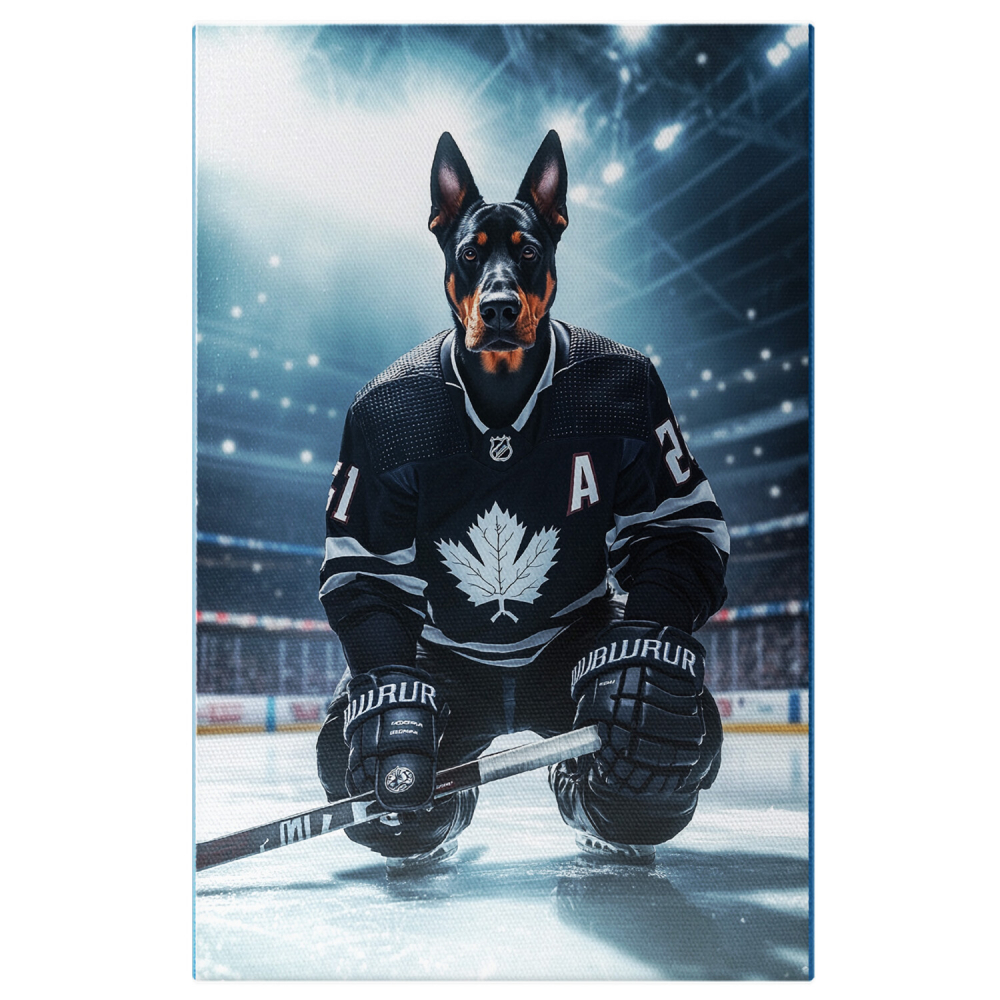  Tablou Canvas Personalizat Jucător De Hochei În Genuchi Cu Echipament NegruMarime 140x90CM [1]