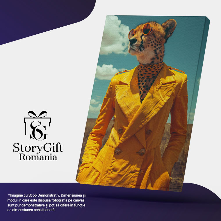 Tablou Canvas  Lady Femeia Leopard cu Ochelari si Palton Lung Galben cu Mainile in Buzunare in Lanul de Grau , Pictura Digitala 40x25CM [5]