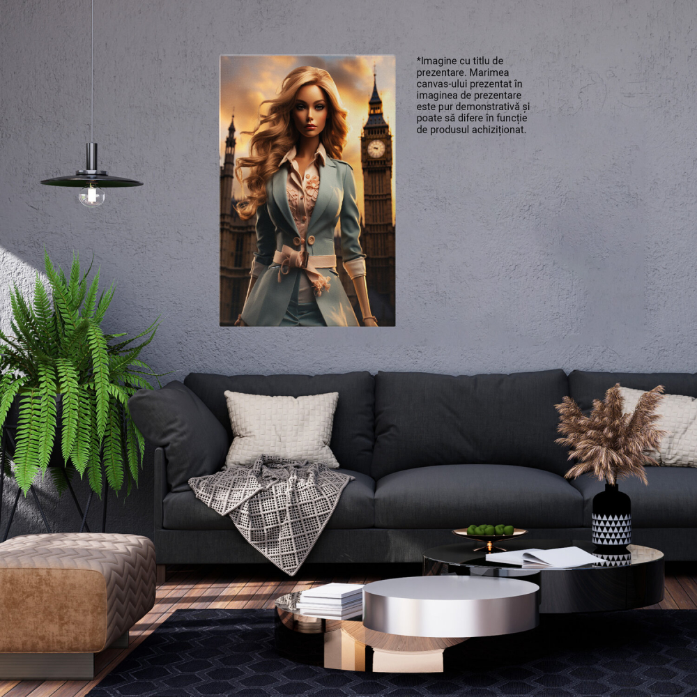Tablou Canvas - Lady near Big Ben - Fata în Costum Albastru și Cămașă Albă, Marime 40x25CM [3]