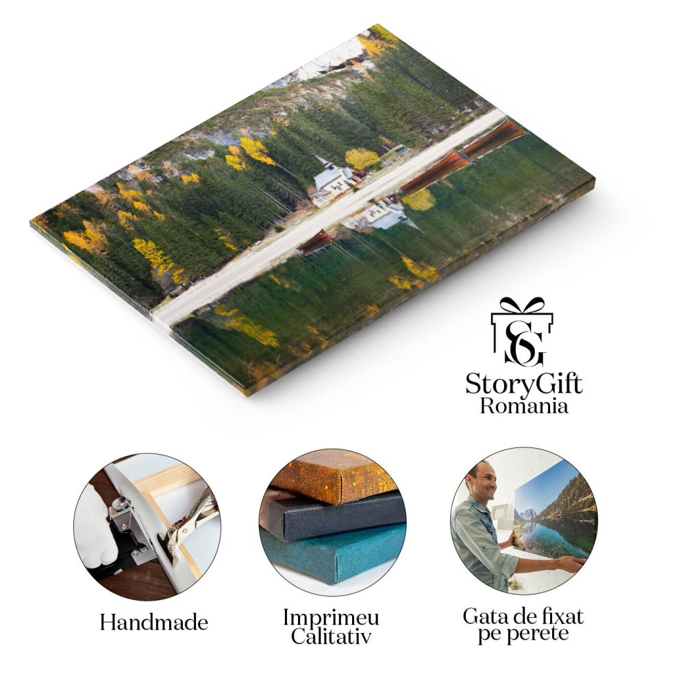 Tablou Canvas Lago de Braies in Culorile toamnei  O Bijuterie Naturala in Italia, O Destinatie Perfecta pentru Calatorii Innebunite de Peisajele Sale Superbe si Apele Sale Limpezi 40x25CM [2]