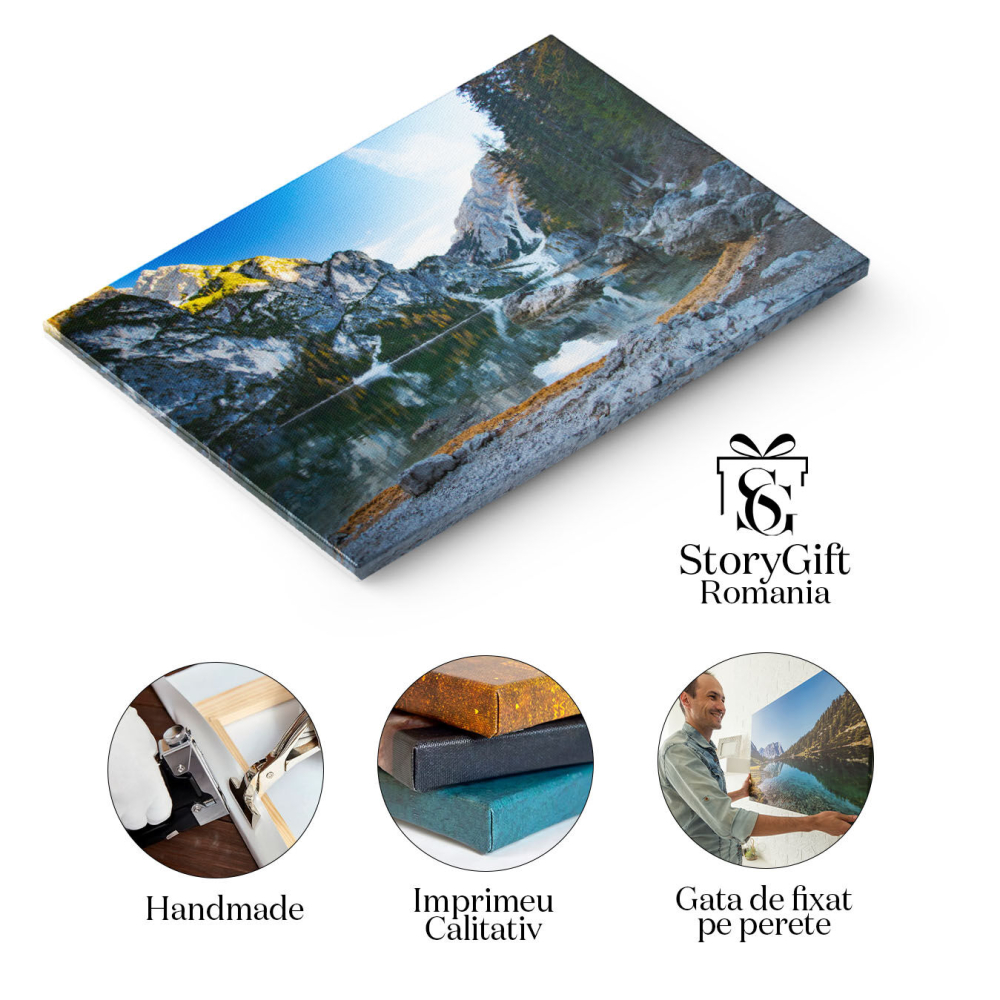 Tablou Canvas Lago de Braies in Culorile toamnei  O Imbinare Armonioasa a Naturii cu Culoarea toamnei, O Escapada Perfecta in Peisajele Magice ale Italiei 40x25CM [2]