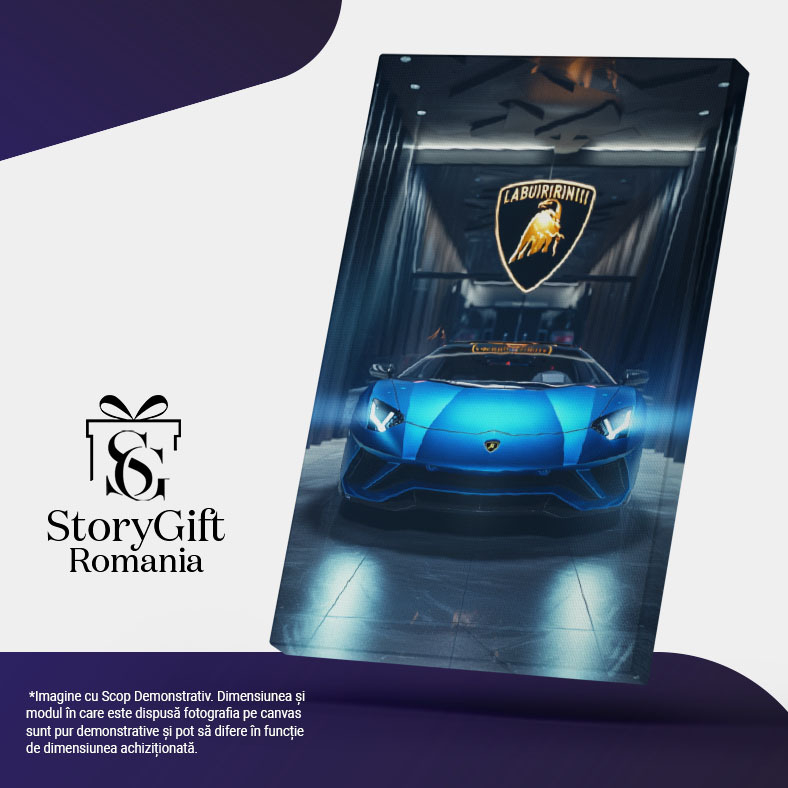 Tablou Canvas  Lamborghini Masina de Culoare Albastra, Expensive and Beautiful Sports Car, Fanii Lamborghini , Pictura Digitala 40x25CM [5]