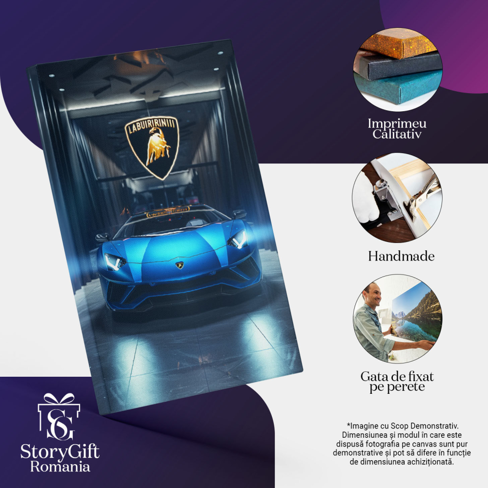 Tablou Canvas  Lamborghini Masina de Culoare Albastra, Expensive and Beautiful Sports Car, Fanii Lamborghini , Pictura Digitala 40x25CM [3]