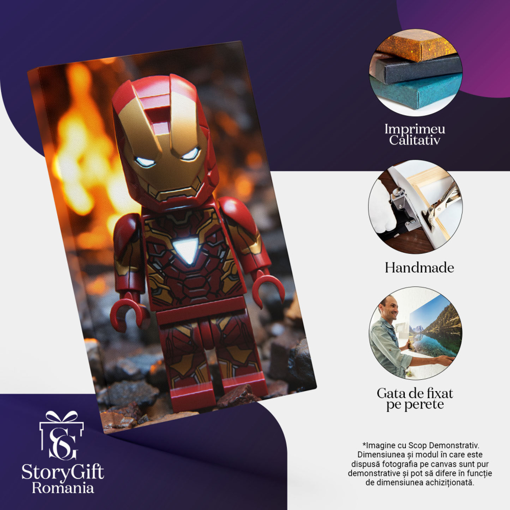 Tablou Canvas:  Lego Supererou imbracat in Rosu langa Foc cu Ochii si Semn Raza de Lumina   Pictura Digitala 40x25CM [3]