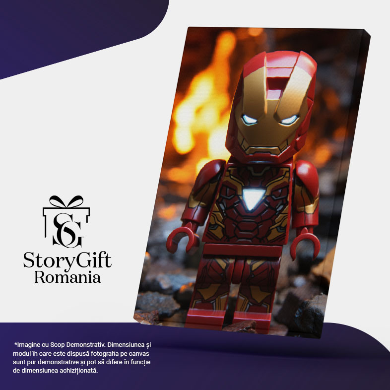 Tablou Canvas:  Lego Supererou imbracat in Rosu langa Foc cu Ochii si Semn Raza de Lumina   Pictura Digitala 40x25CM [5]