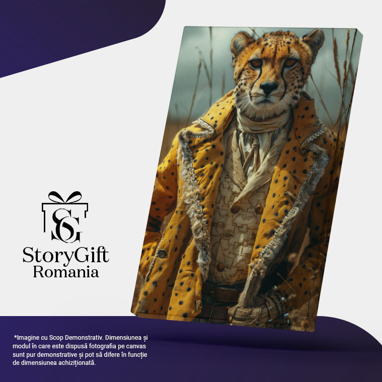 Tablou Canvas  Leopard cu Ochii Portocali Imbracat in Camasa si Vesta cu Palton Deasupra si Pantaloni cu Manusi , Pictura Digitala 40x25CM [5]