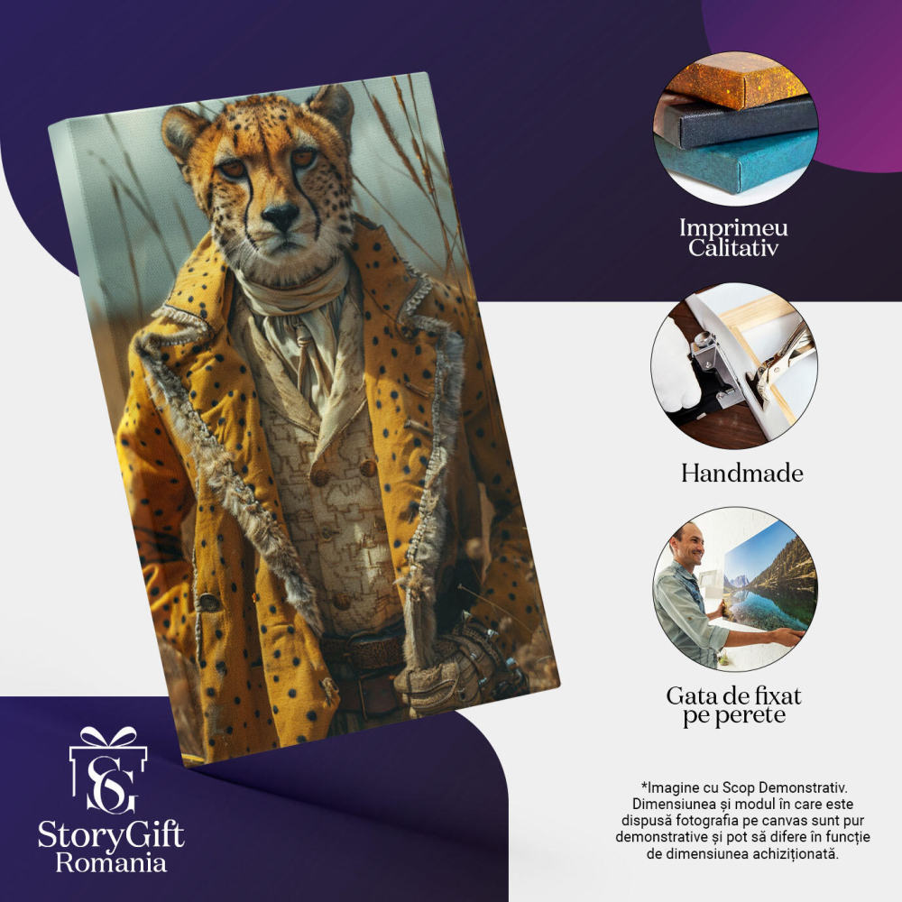 Tablou Canvas  Leopard cu Ochii Portocali Imbracat in Camasa si Vesta cu Palton Deasupra si Pantaloni cu Manusi , Pictura Digitala 40x25CM [3]