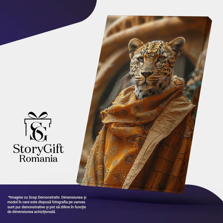 Tablou Canvas Leopard învelit de o robă aurie cu modele din mărgele - Leopard umanizat  , Pictura Digitala 40x25CM [5]