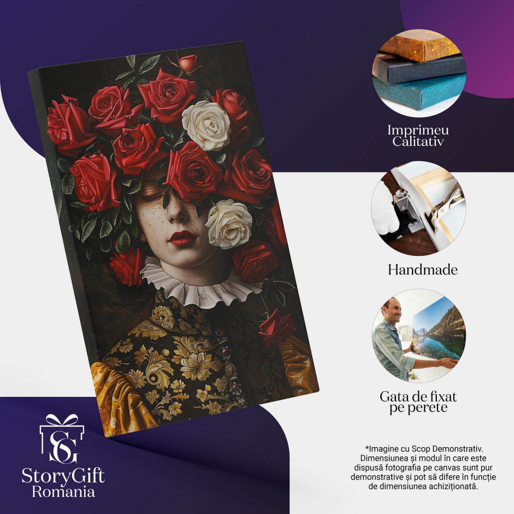 Chipul Acoperit de Trandafiri - Tablou Canvas cu Fochie Galben Aurie, Marime 40x25CM [2]