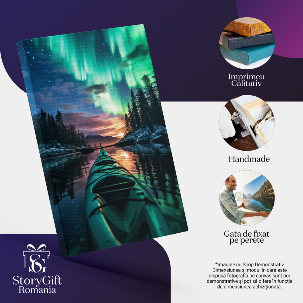 Liniștea Serii - Canoe pe Lacul Înconjurat de Brazi cu Cerul Verde-Albastru - Pictură Digitală, Marime 40x25CM [2]