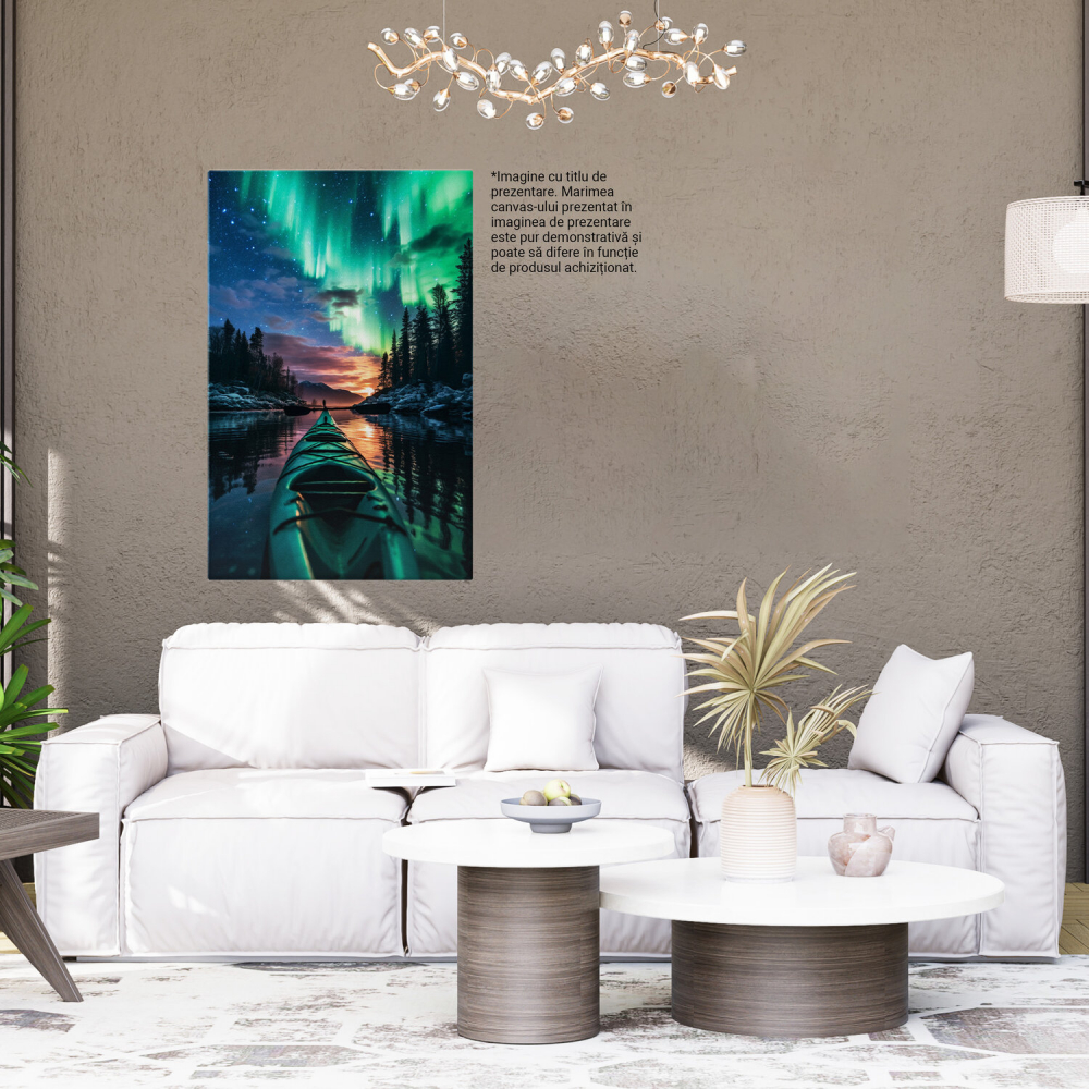 Liniștea Serii - Canoe pe Lacul Înconjurat de Brazi cu Cerul Verde-Albastru - Pictură Digitală, Marime 40x25CM [4]