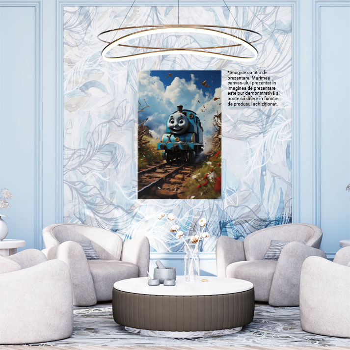 Tablou Canvas:  Locomotiva Thomas aflata pe sine in pustietate pornit in cautarea noii aventuri-pentru Iubitorii de desene animate Pictura Digitala 40x25CM [2]
