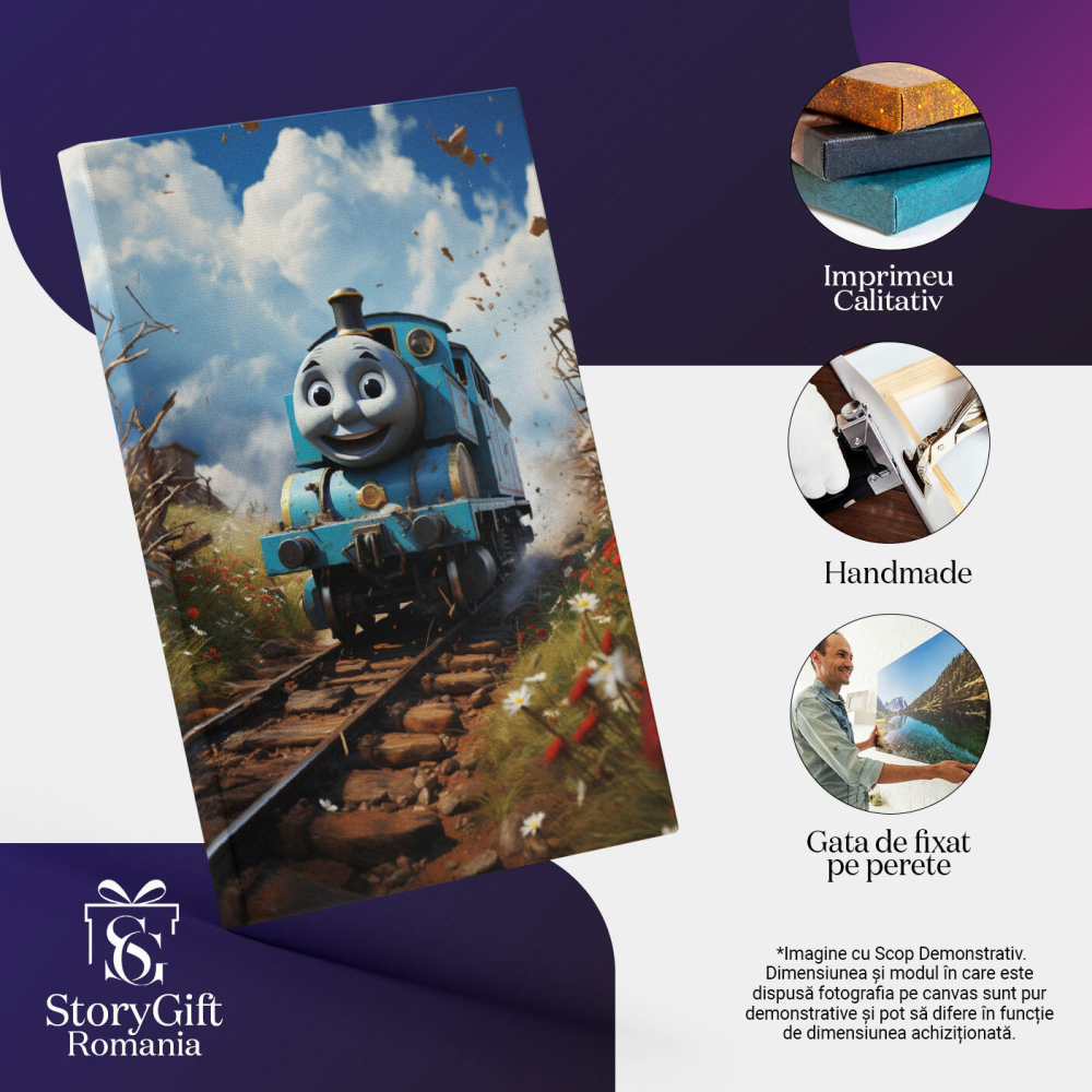 Tablou Canvas:  Locomotiva Thomas aflata pe sine in pustietate pornit in cautarea noii aventuri-pentru Iubitorii de desene animate Pictura Digitala 40x25CM [3]