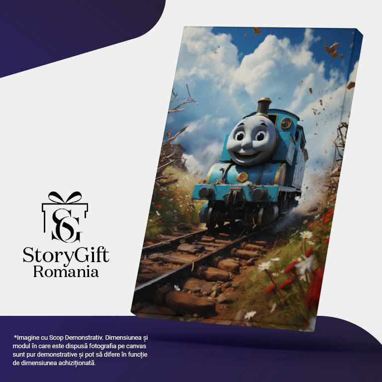 Tablou Canvas:  Locomotiva Thomas aflata pe sine in pustietate pornit in cautarea noii aventuri-pentru Iubitorii de desene animate Pictura Digitala 40x25CM [5]