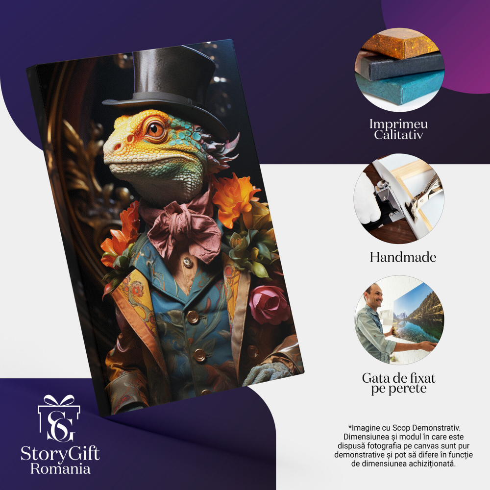 Tablou Canvas - Schimbări Cameleonice: Reptila cu Joben și Flori Policromate, Marime 40x25CM [2]