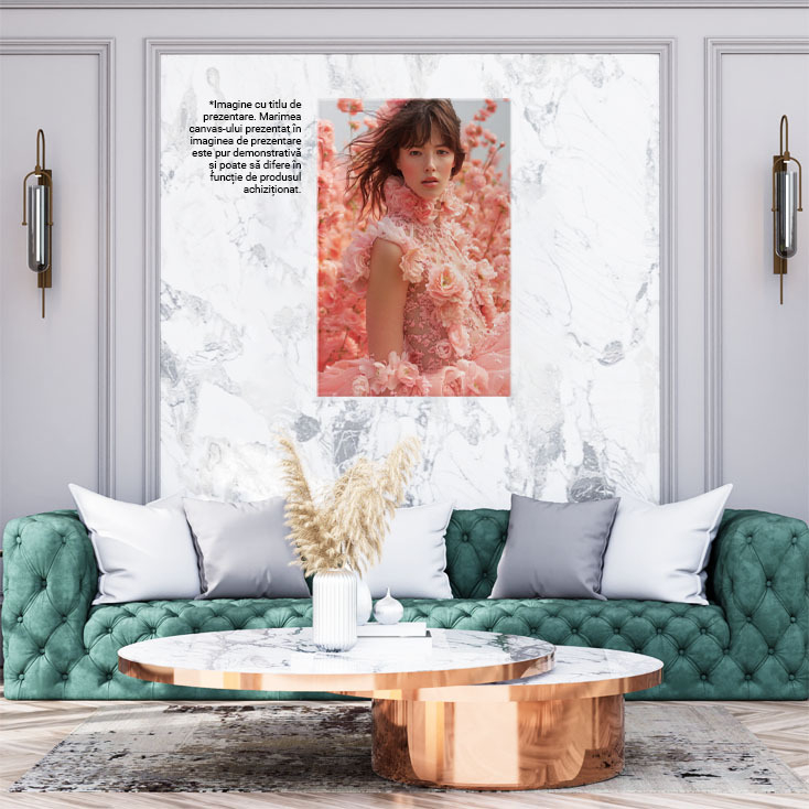 Tablou Canvas:  Lumea Roz Fata cu Pistrui in Rochie Lunga si Camp de Trandafiri Pictura Digitala 40x25CM [2]