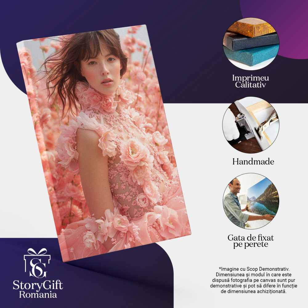 Tablou Canvas:  Lumea Roz Fata cu Pistrui in Rochie Lunga si Camp de Trandafiri Pictura Digitala 40x25CM [3]