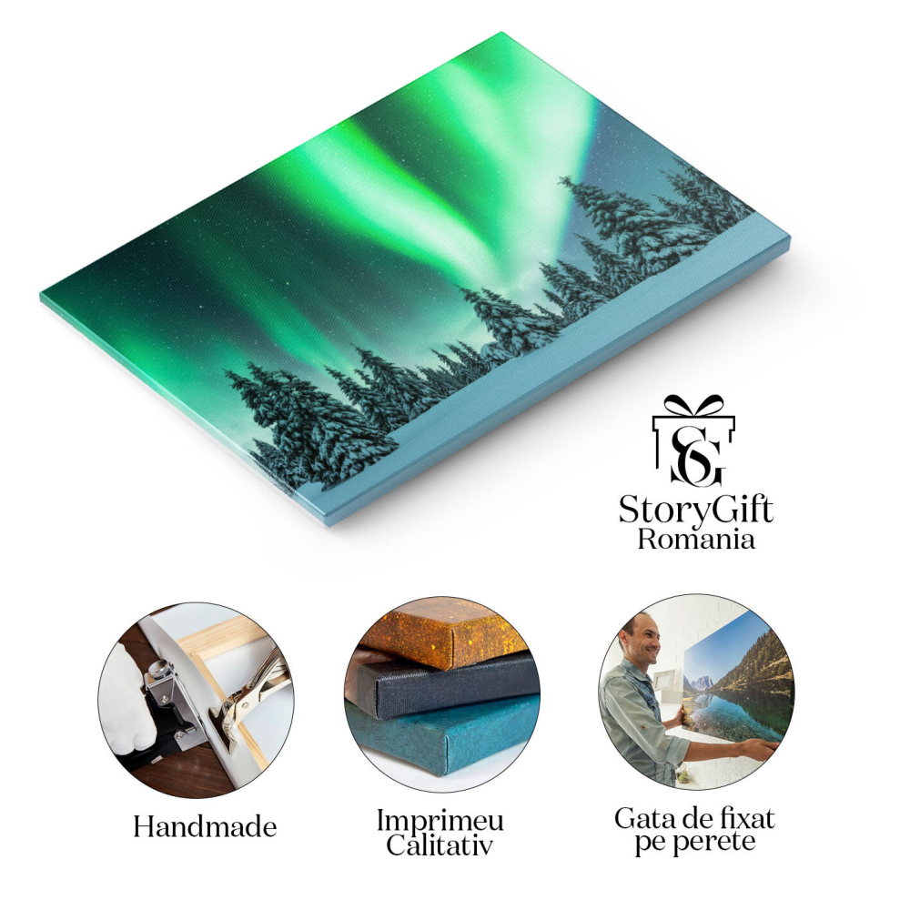 Tablou Canvas Luminile Nordului in Padurea de Iarna, Aurora Boreala, Peisaj Nordic, Munti Albastri 3361 40x25CM [2]