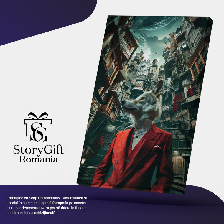 Tablou Canvas Lup ce acaparează întregul oraș cu eleganța sa- Costum cu sacou și vestă roșii , Pictura Digitala 40x25CM [5]