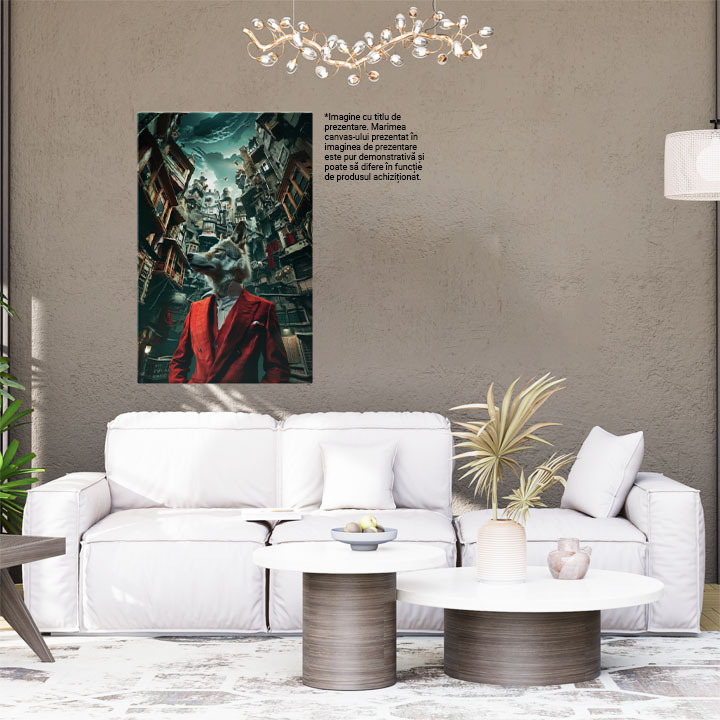 Tablou Canvas Lup ce acaparează întregul oraș cu eleganța sa- Costum cu sacou și vestă roșii , Pictura Digitala 40x25CM [2]