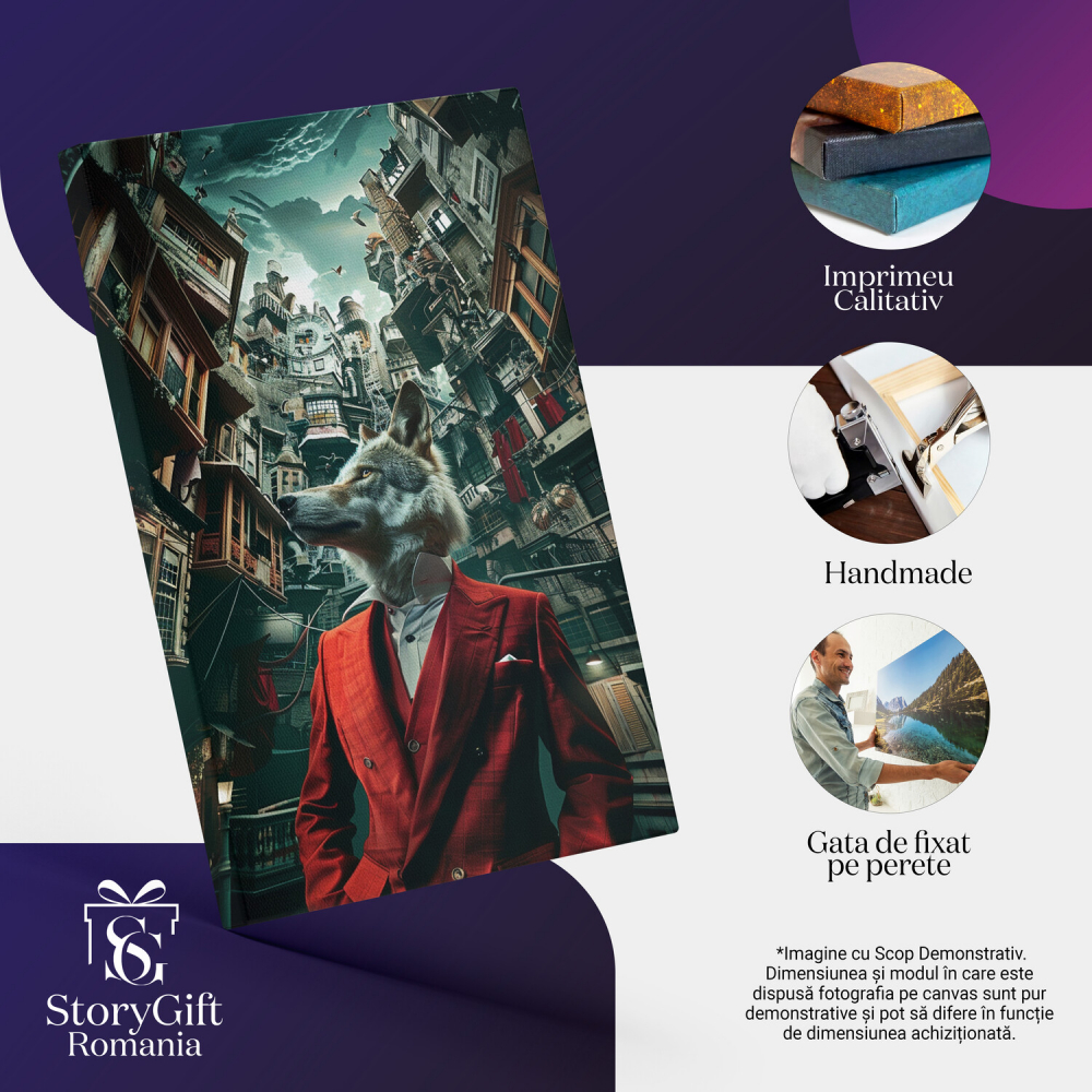 Tablou Canvas - Lup Elegant în Costum cu Sacou și Vestă Roșie, Marime 40x25CM [2]