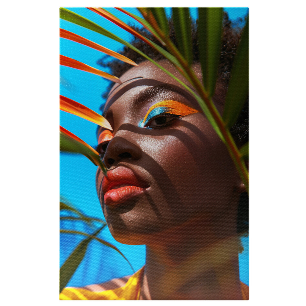 Machiaj Tropical al Femeii Arabe - Tablou Canvas cu Cer Albastru Intens, Marime 40x25CM [1]
