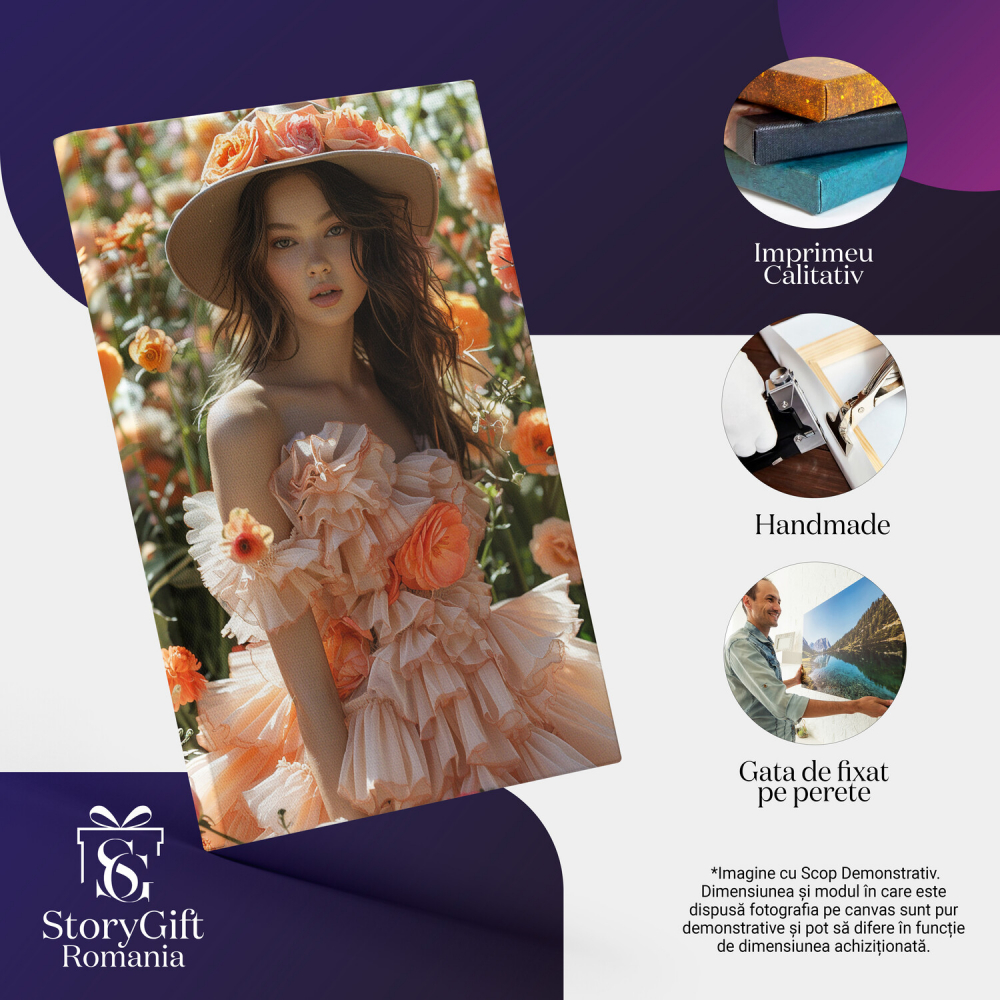 Fata în Rochie Roz Pal cu Palarie de Flori - Pictură Digitală, Marime 40x25CM [2]