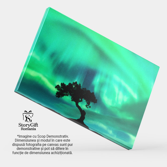 Tablou Canvas Magie in Padurea Boreala - Luminitele aurorelor boreale danseaza printre copaci 40x25CM [4]