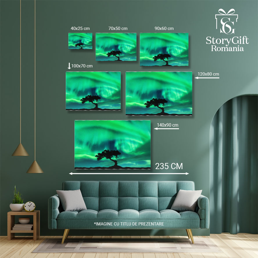 Tablou Canvas Magie in Padurea Boreala - Luminitele aurorelor boreale danseaza printre copaci 40x25CM [5]