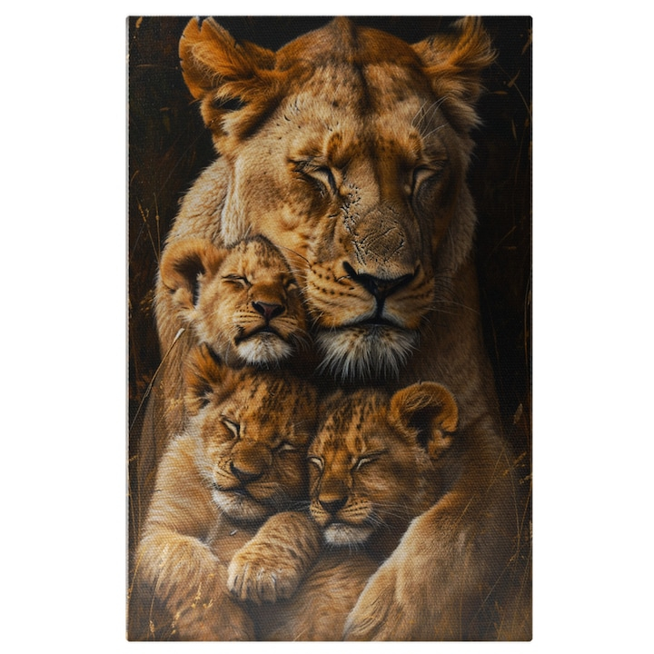 Tablou Canvas:  Mama Leu isi Imbratiseaza Micii Lei Afectiune si Iubire, Imbratisare de Familie si Protectie Pictura Digitala 100x70CM [1]