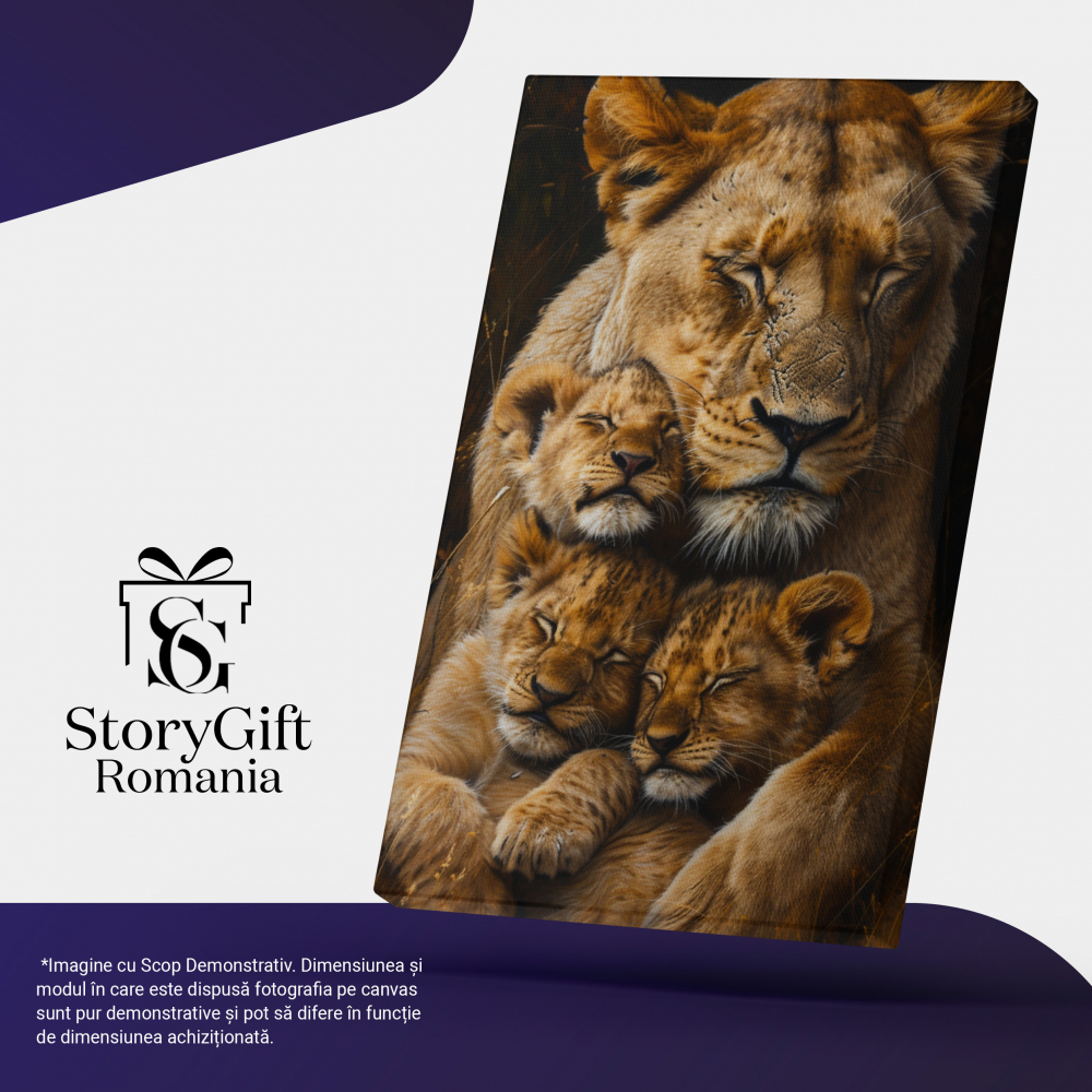 Tablou Canvas:  Mama Leu isi Imbratiseaza Micii Lei Afectiune si Iubire, Imbratisare de Familie si Protectie Pictura Digitala 100x70CM [5]