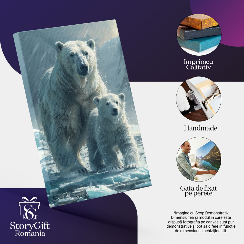 Tablou Canvas:  Mama si Puiul , doi Ursu Polari Suparati care stau in Ninsoare pe Apa Inghetata  Pictura Digitala 40x25CM [3]
